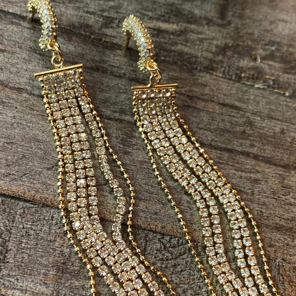 NEW Rhinestones & Gold Fringe Statement Earrings - Picture 5 of 14